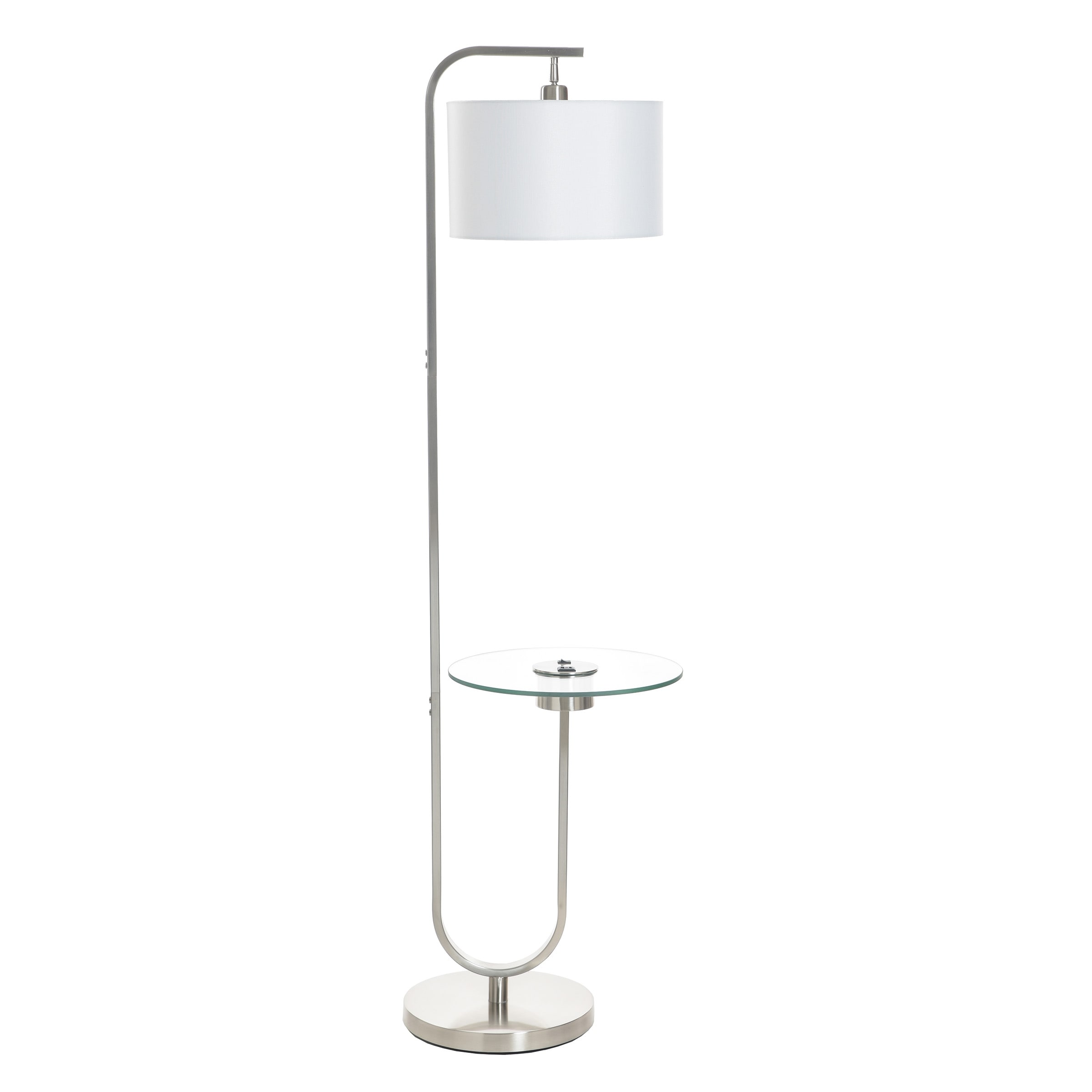 StyleCraft Sutton Floor Lamp with Glass Table - Brushed Nickel - Whit Shade