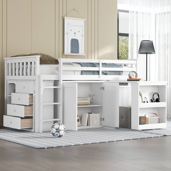 slide 2 of 12, Twin Size Loft Bed with Storage Cabinet, Drawer and Shelf Cabinet and Pulling-Out Desk White