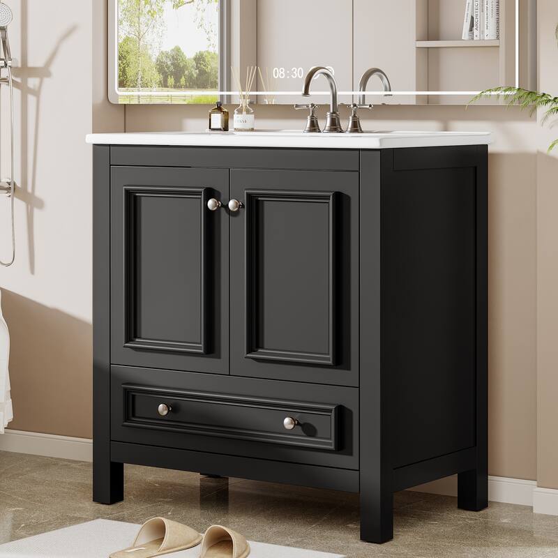 30 Inches Modern Bathroom Vanity Cabinet with Ceramic Basin & 1 Drawer