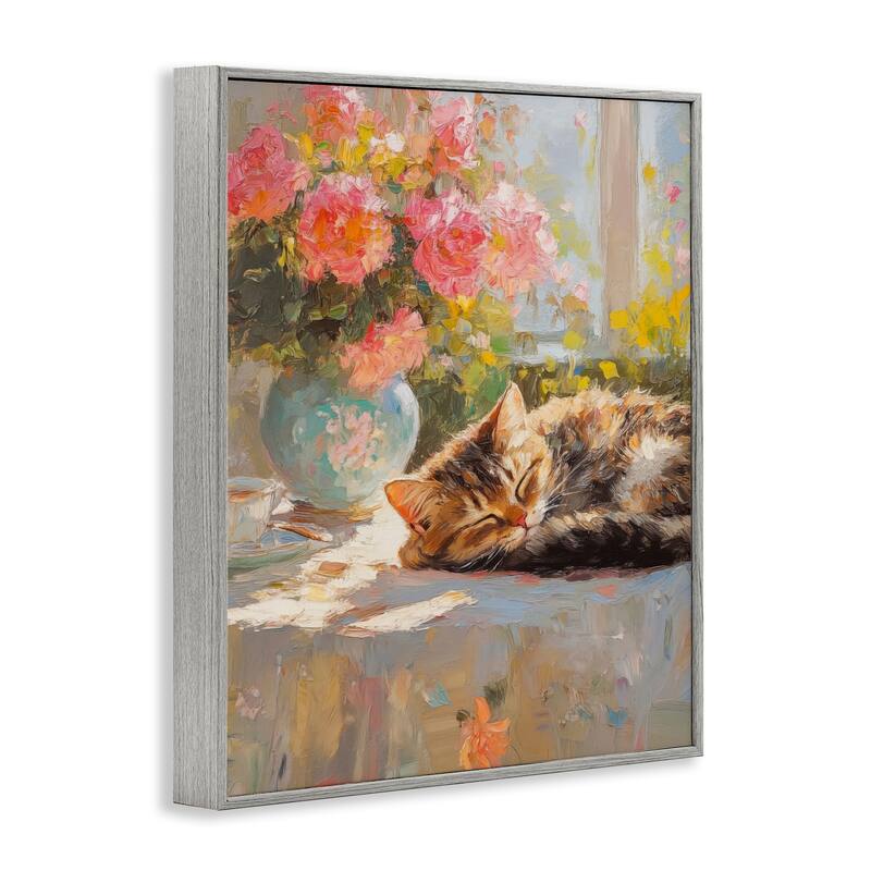 Stupell Sleeping Kitten & Flower Vase Framed Giclee Art Design By Nini Art