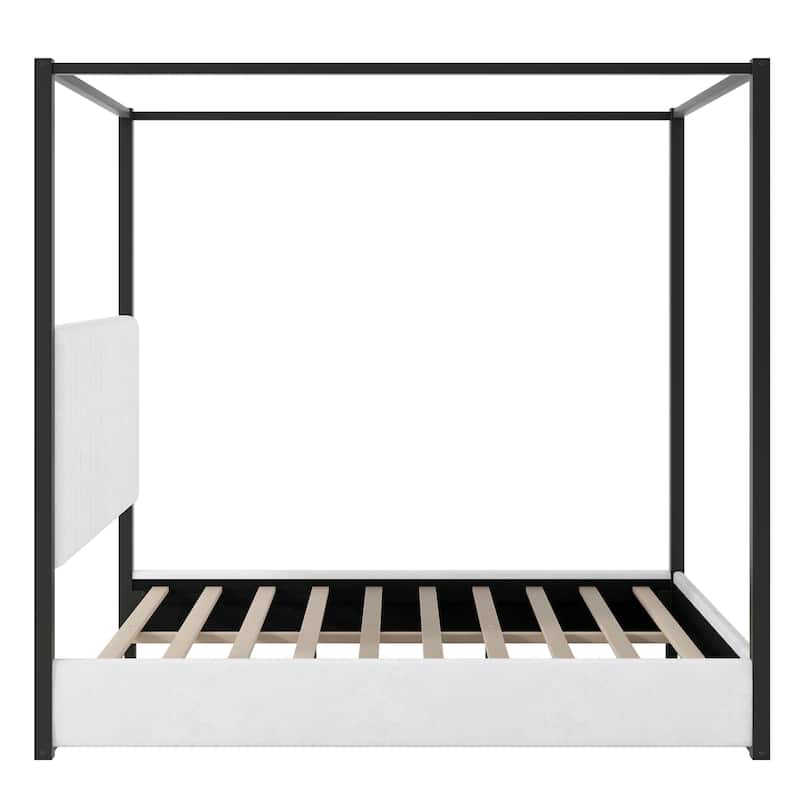 Queen Size Canopy Platform Bed Striped Upholstered Headboard Wingback Bed Metal Four Poster Bed Frame