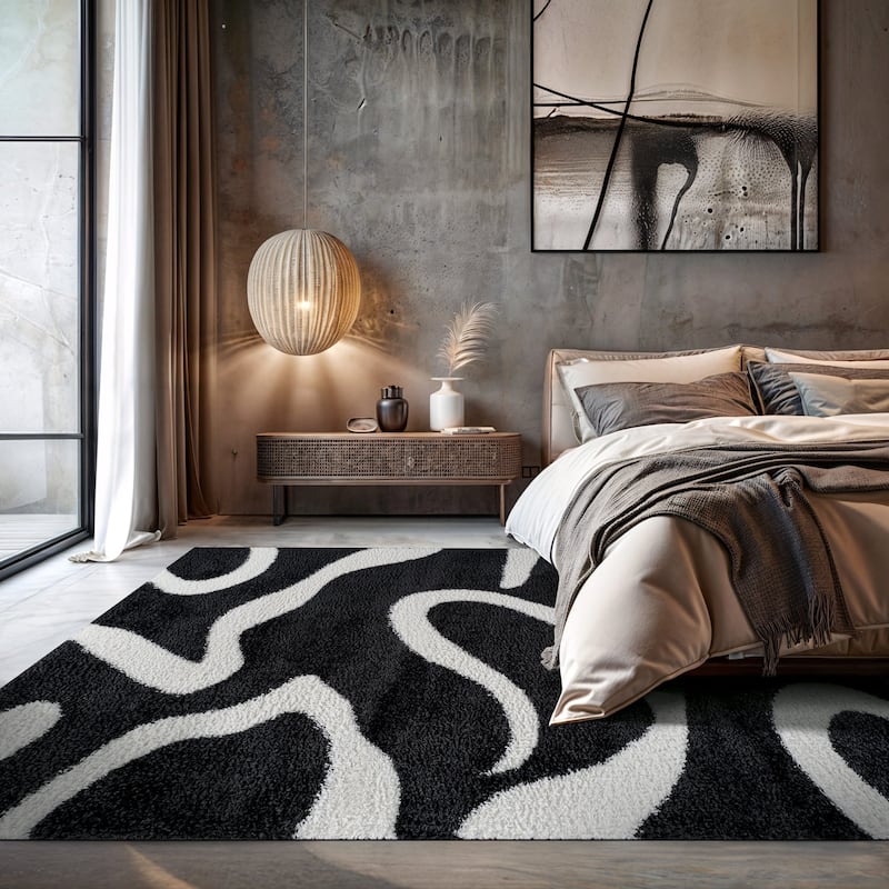 Striped Shag Rug - Durable for Living Room, Bedroom, or Entryway - Anthracite Dark Gray - Easy to Clean