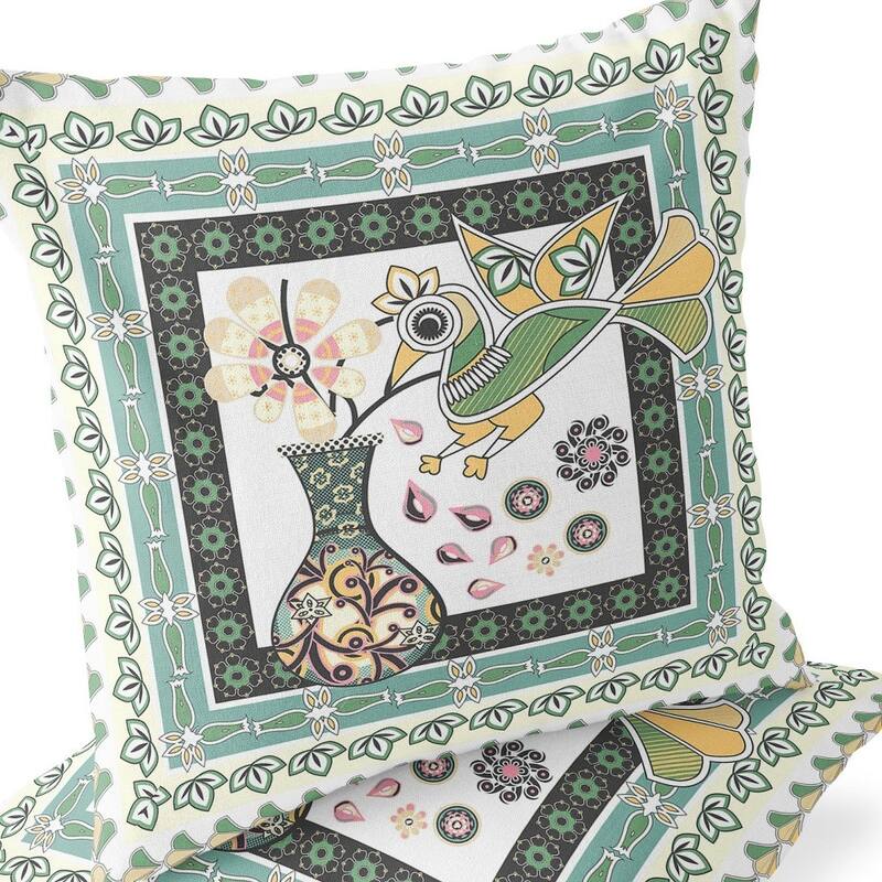HomeRoots Set of Two 16" X 16" Green and White Peacock Blown Seam Floral Indoor Outdoor Throw Pillow - 16.00' X '16.00' X '5.00
