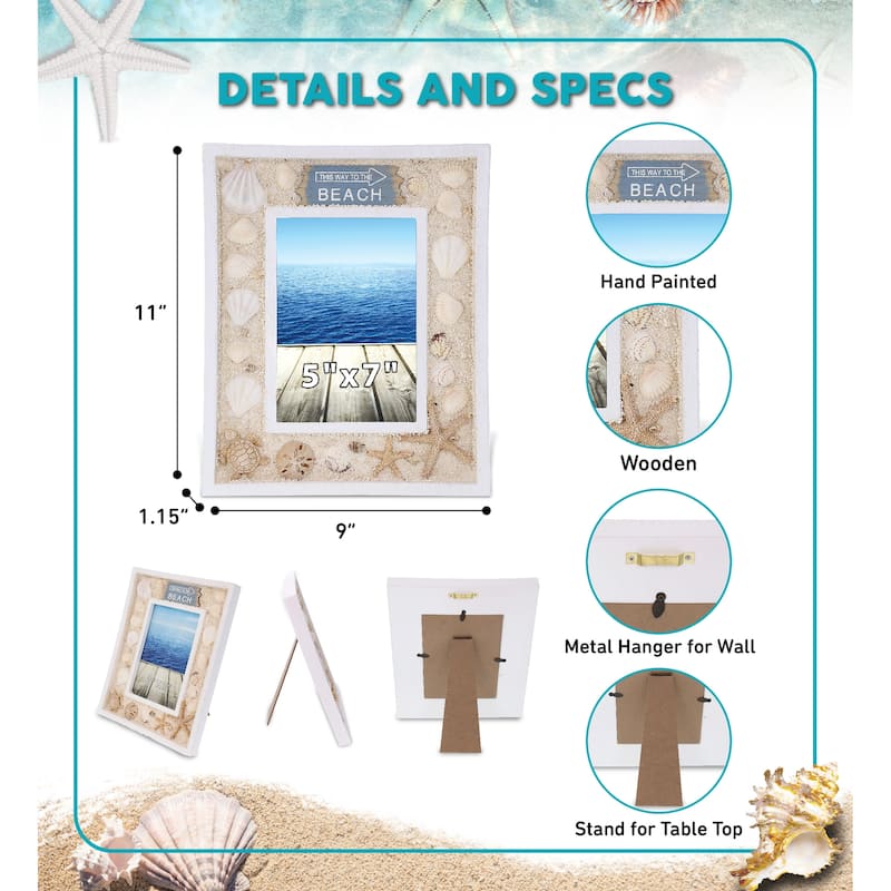 CoTa Global White Wood Seashell Oceanic Sea Turtle Photo Box 5X7 Frame - 11 Inch