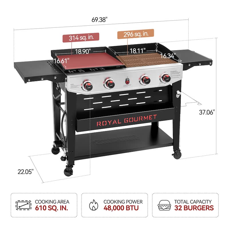 Royal Gourmet 4-Burner Gas Grill and Griddle Combo,Black & Silver