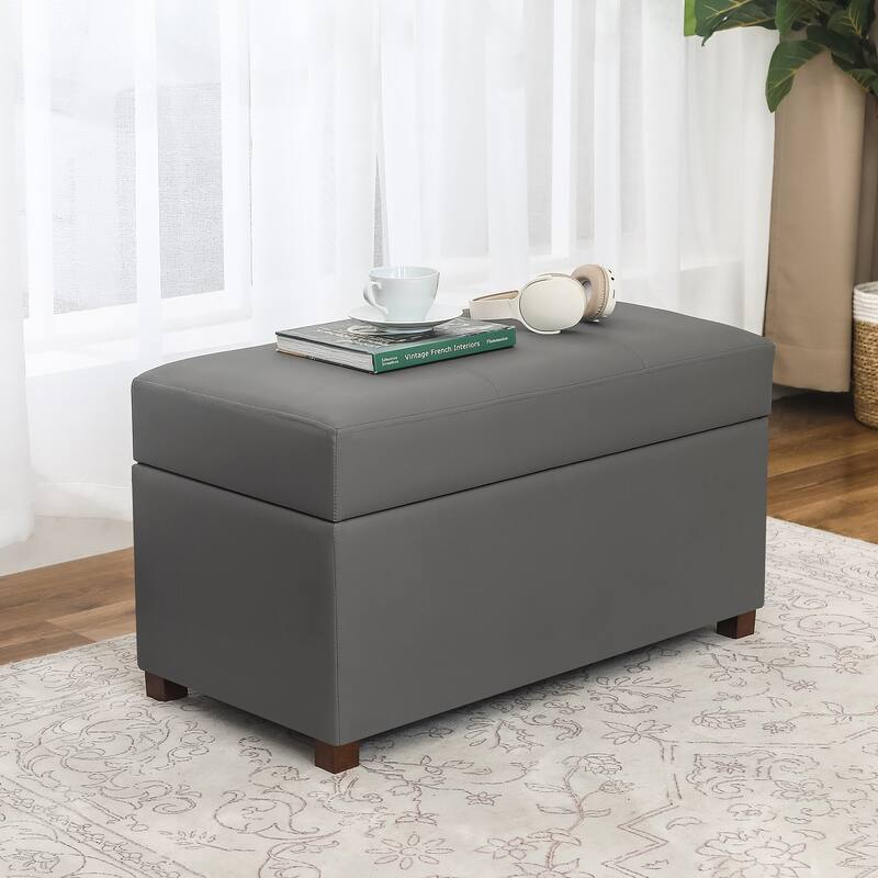 Adeco Faux Leather Storage Ottoman for Living Room - Grey
