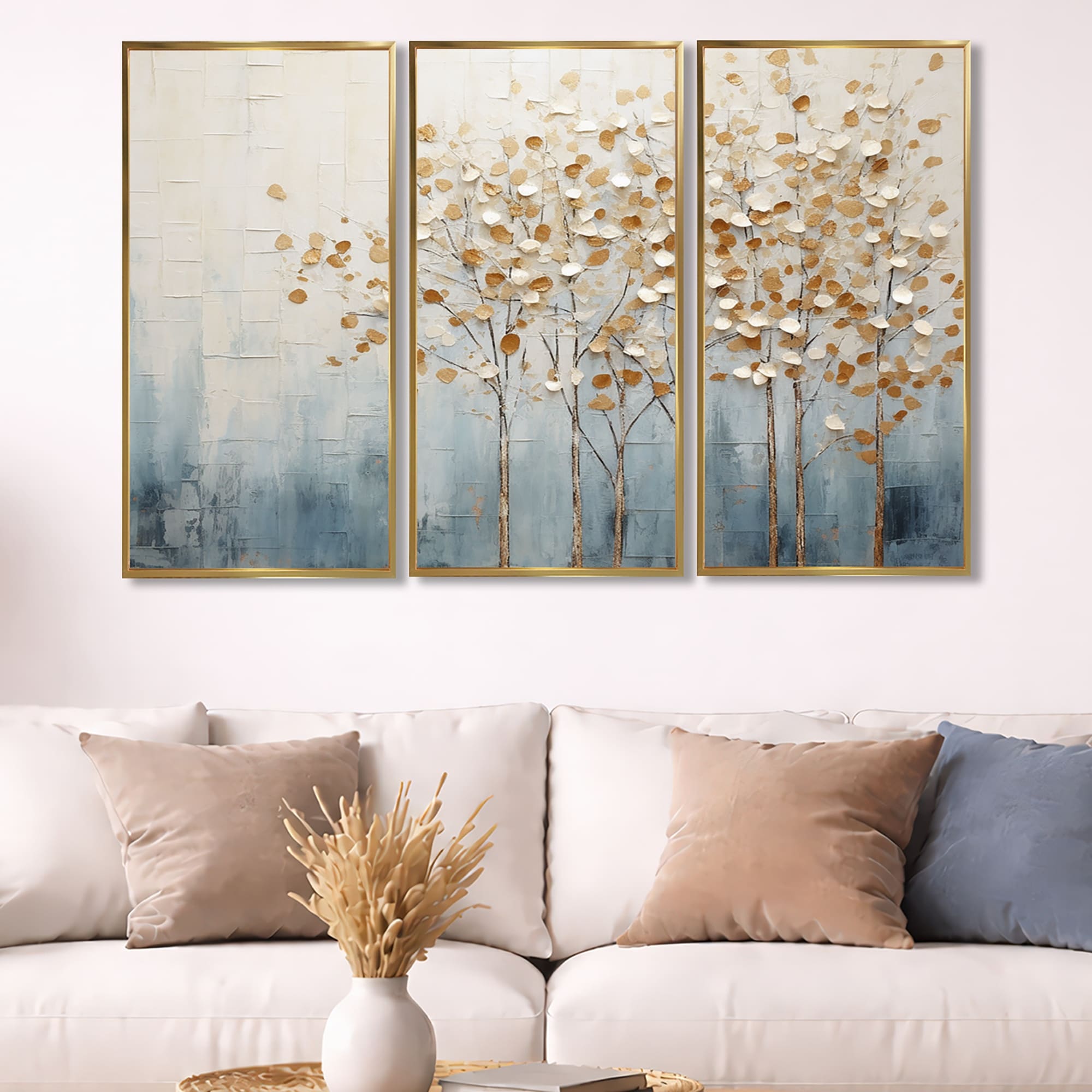Designart "Gold And Blue Trees Harmony V" Trees Framed Art Set of 3 - Traditional Wall Art Set Beige Wall Decor 3 Pieces