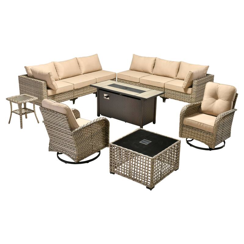 OVIOS 11 Pieces Outdoor Wicker Swivel Chair Set With Fire Table