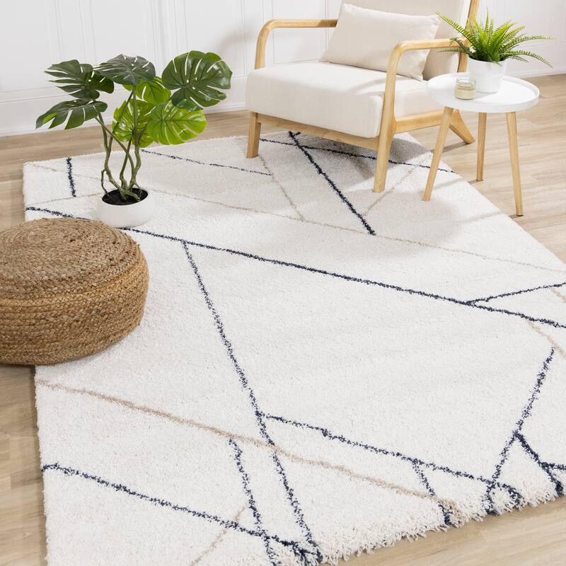 Shiloh Collection - White Blue Taupe Simple Super Soft Thick Area Rug