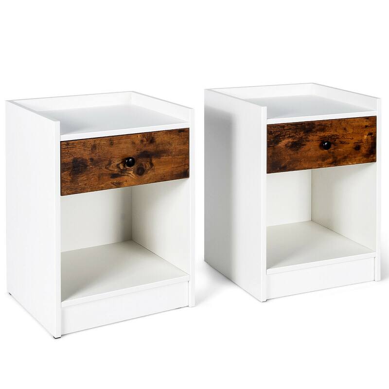 Gymax Set of 2 Nightstand with Drawer Cabinet End Side Table Raised - 17'' x 16'' x 42'' (L x W x H)