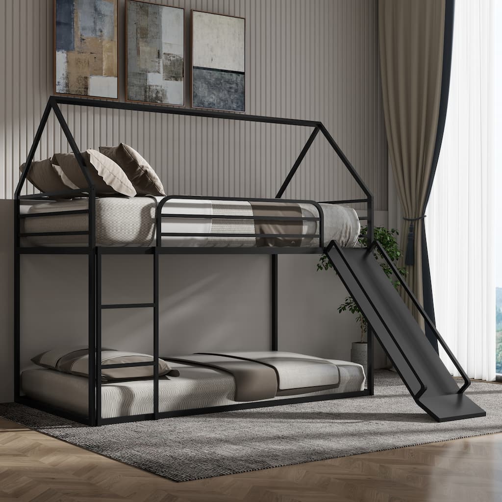 Metal Twin Over Twin House Bunk Bed with Ladder and Slider, Sturdy and Safe Design, Black