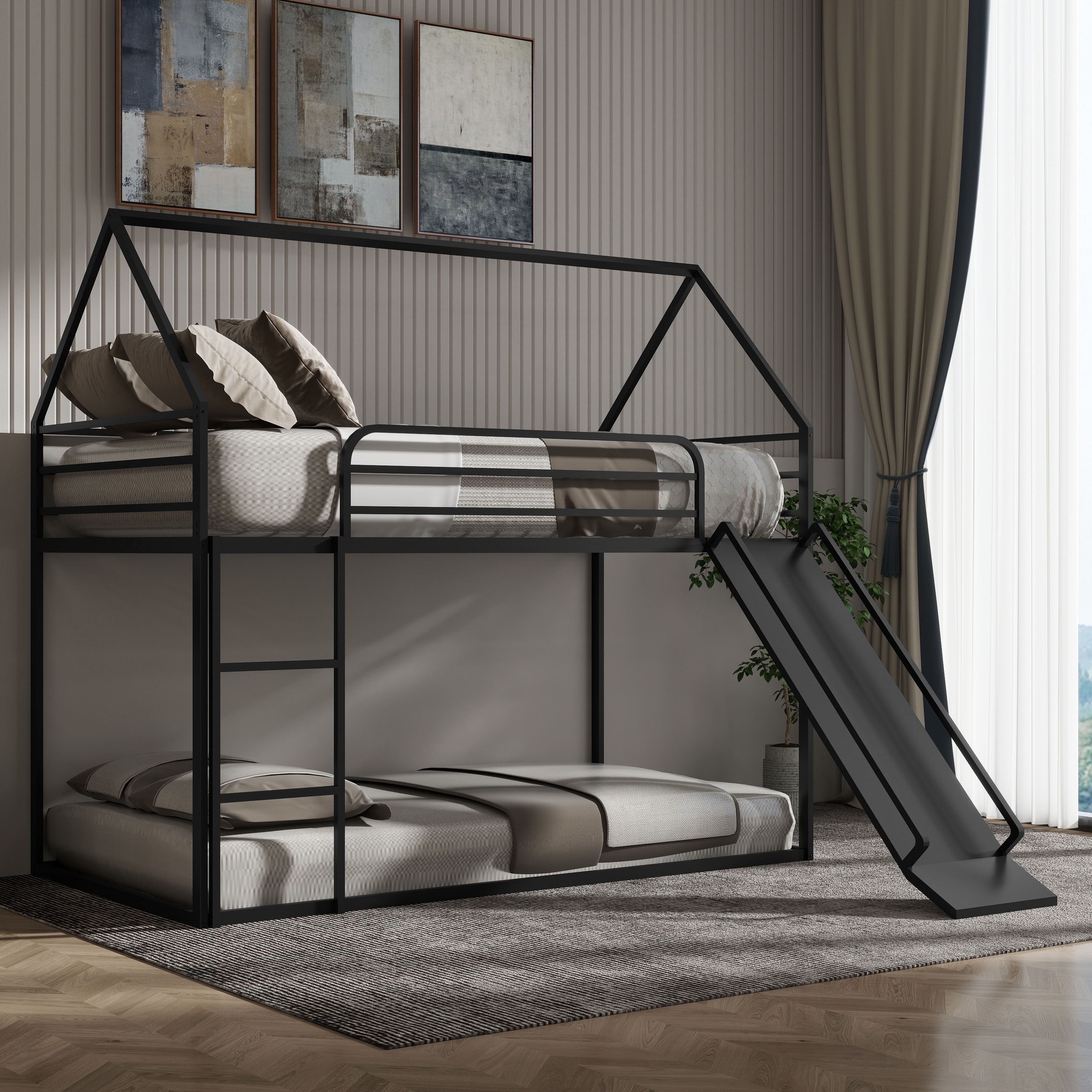 Twin over Twin House Bunk Bed with Triangle Roof, with Ladder and Slider, 76.5"L x 41.3"W x 71.0"H