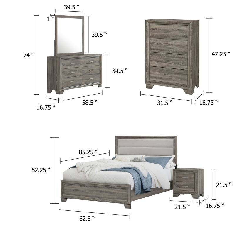 Reay 5 Piece Queen Bedroom Set with Dressers, Upholstered, Gray Brown