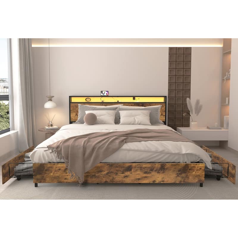 Queen Bed Frame with Storage Headboard, Charging Station, LED Lights, Easy Assembly - Black