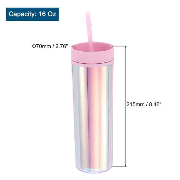 Skinny Acrylic Tumbler w Lid & Straw, 16 oz Insulated Double Wall Cups - Pink