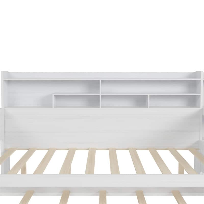 Wooden Daybed with Study Desk and Twin Size Trundle, Twin/Full Size Daybed Frame Sofa Bed with Storage Shelves