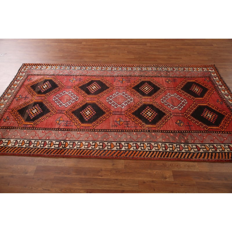 Geometric Orange Shiraz Persian Vintage Rug Hand-knotted Wool Carpet - 4'11"x 7'11"