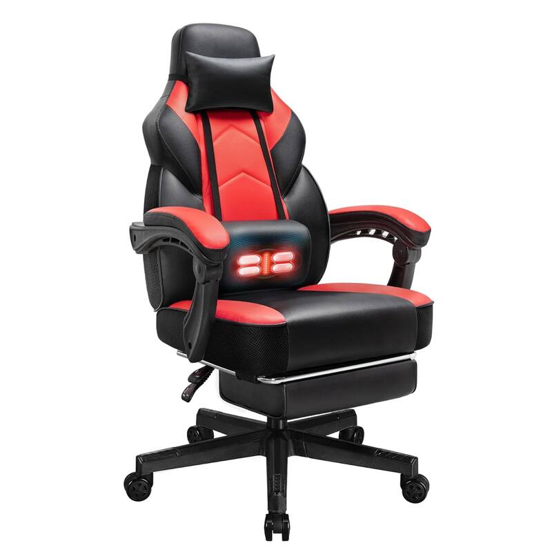 Futzca Gaming Chair PU Leather Office Chair with Headrest, Footrest & Massage Lumbar Support - Red