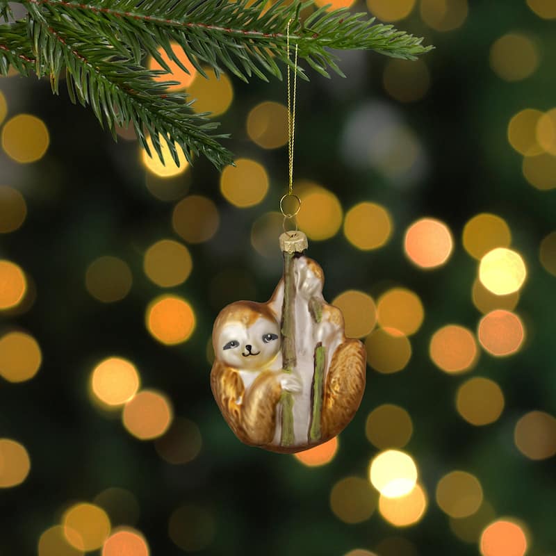 Sloth with Bamboo Glass Christmas Ornament - 4" - Gold