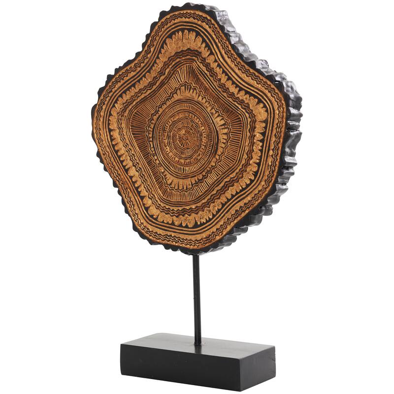 Brown Resin Abstract Carved Tribal Decorative Sculpture with Black Stand and Wavy Edge