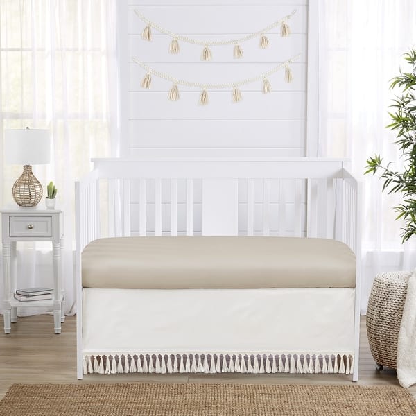 slide 2 of 4, Boho Fringe Ivory Crib Boy Girl Bed Skirt Solid Neutral Cream Off White Tassel Boho Fringe Bohemian Desert Sun Taupe Collection