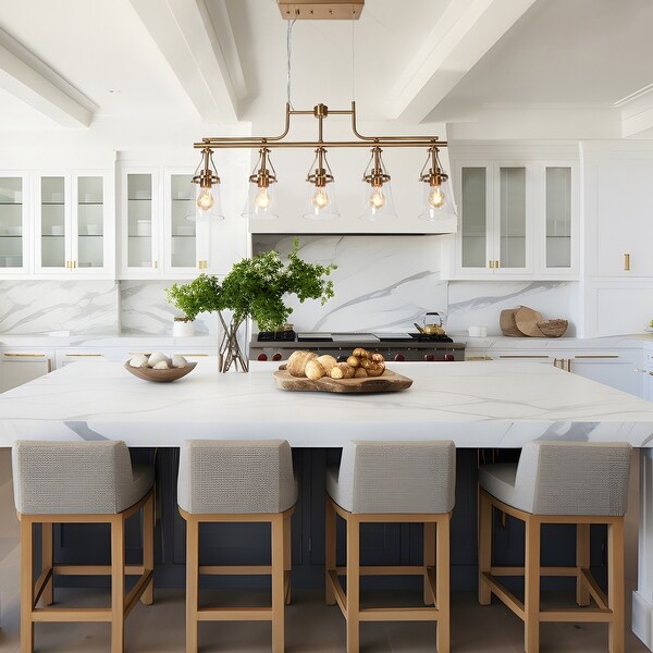 Haye Modern Gold Brass 5 Light Chandelier Seeded Glass Kitchen Island Lights for Dining Room W37.8 H16.9 On Sale Bed Bath Beyond 38194957