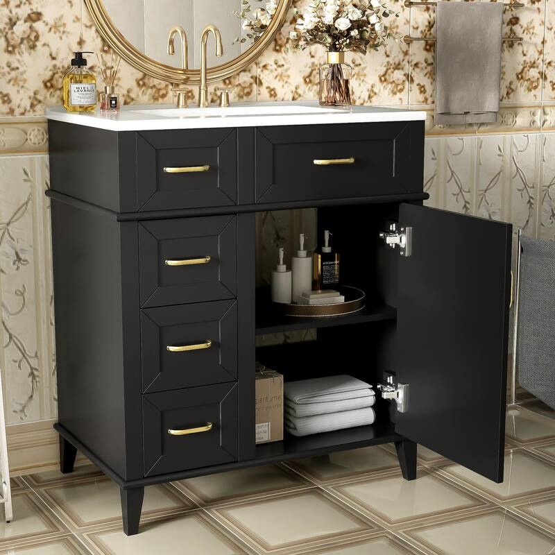 GDFStudio - Snowdon Transitional Freestanding Bathroom Vanity Cabinet with Ceramic Sink, Soft Close Drawers & Adjustable Storage
