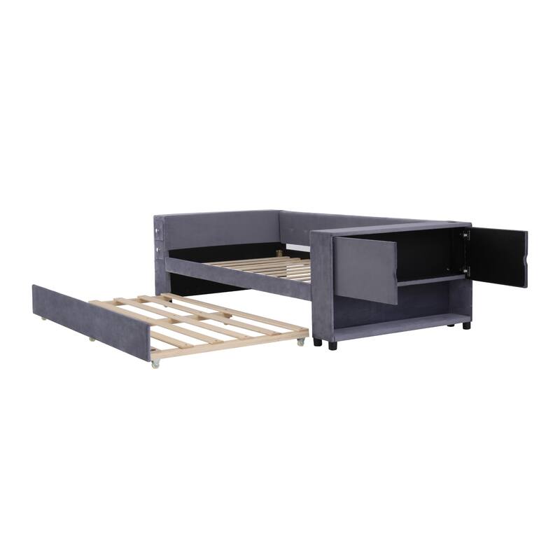 Twin Velvet Upholstered Platform Bed with Trundle, USB Charging, Storage Drawers, Beige/Gray