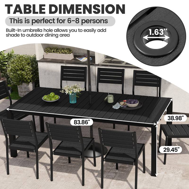 9PCS Outdoor Aluminum Dining Table with Umbrella Hole and Stackable Dining Chairs
