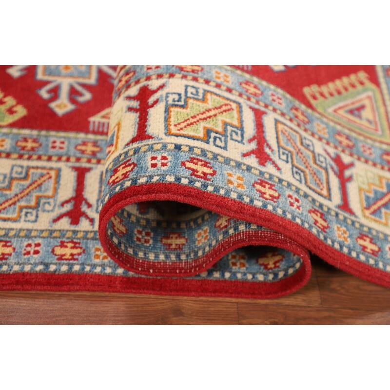 Red Geometric Kazak Oriental Rug Hand-Knotted Traditional Wool Carpet - 4'1" x 5'10"
