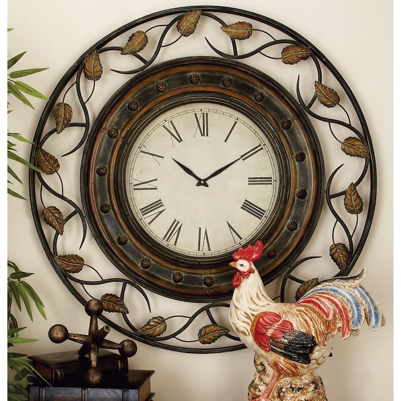 Metal Leaf Wall Clock with Scrolled Vines - Brown - Roche River Decor - 3"W x 36"L x 36"H