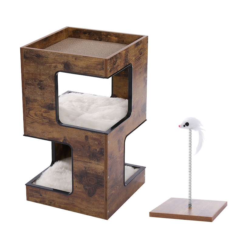 Modern Indoor Cat Tree Cat Condo with Free Cat Toy, Scratching Pad and Removable Soft Mats