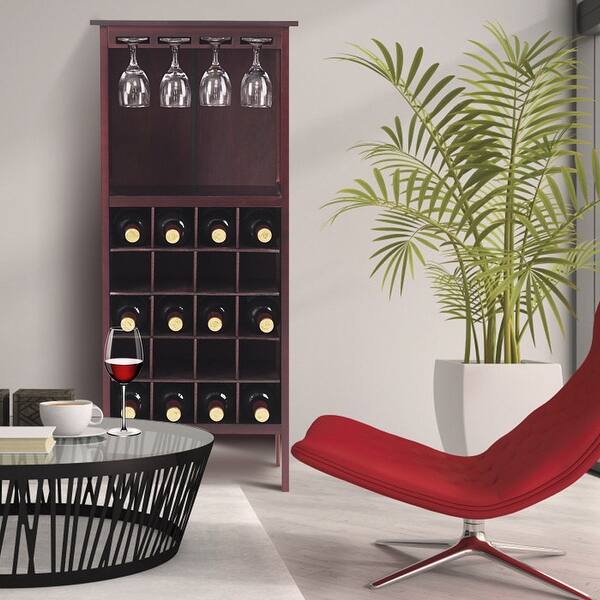Shop Costway Wood Wine Rack Holder Storage Shelf Display W Glass Hanger 20 Bottle Cabinet Burgundy Overstock 17284186