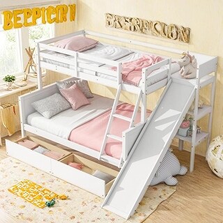 Twin over Full Rubber Wood Bunk Bed with Slide, Drawers