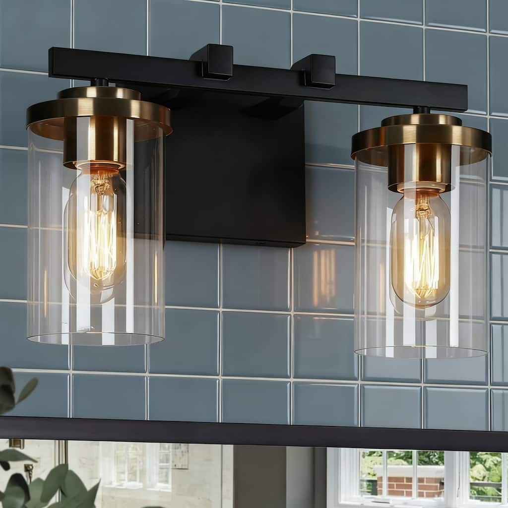 Modern Farmhouse 2-Light Black Gold Bathroom Vanity Light Glass Wall Lighting - 14" L x 6" W x 8" H