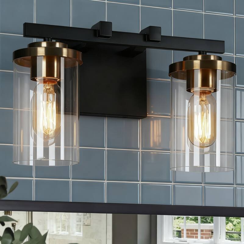Modern Farmhouse 2-Light Black Gold Bathroom Vanity Light Glass Wall Lighting - 14" L x 6" W x 8" H