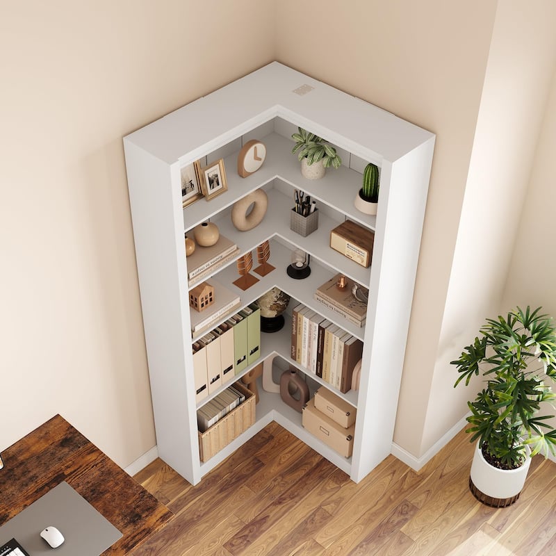 71.8" Tall Corner Bookshelf, 5-Tier L-Shaped Corner Bookcase, Modern Industrial Wood Display Storage Shelves for Living Room