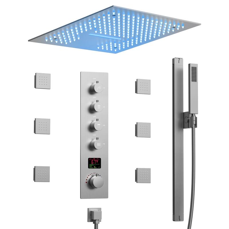 Digital Thermostatic Shower Set with Remote-Control LED Lights, Rainfall/Waterfall Combo and Massaging Jets