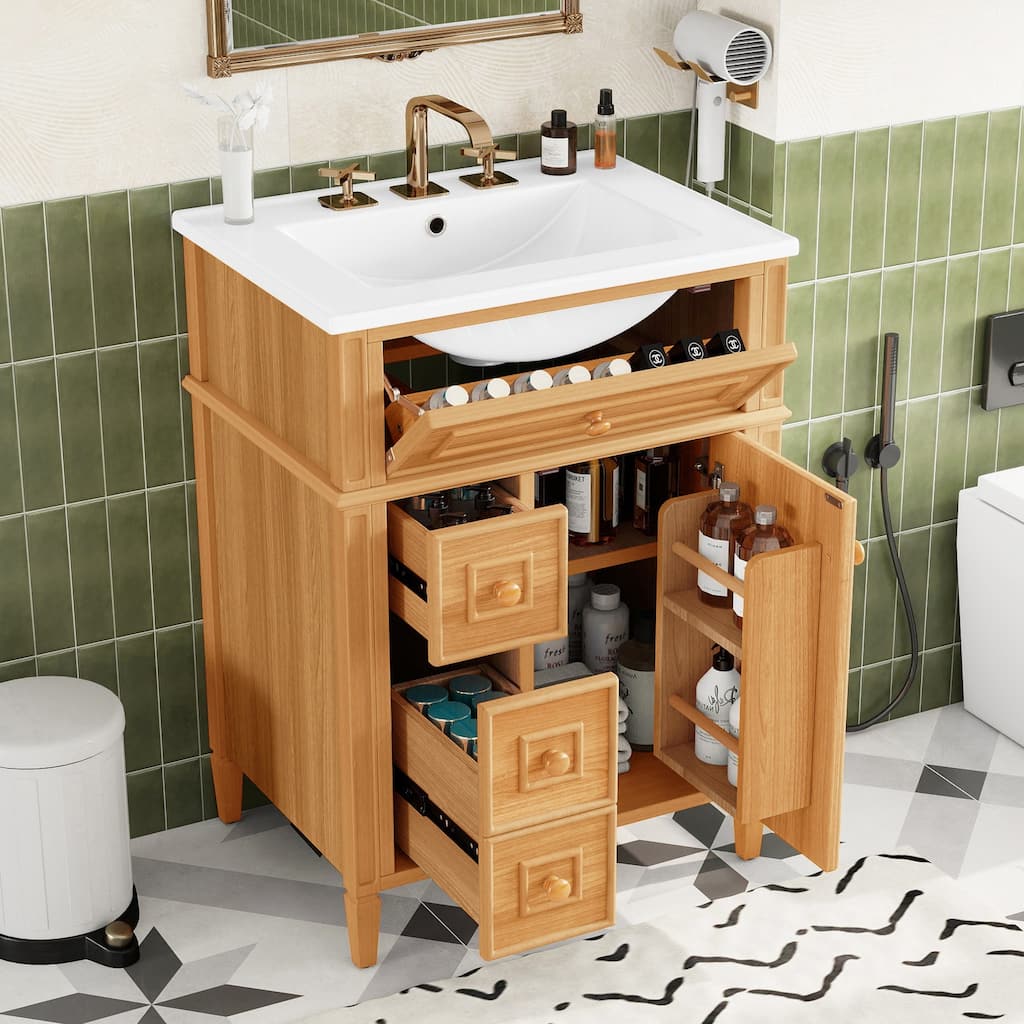 Freestanding Bathroom Vanity with Sink, Center Rectangular Ceramic Sink Bathroom Storage Cabinet, 24"/30"