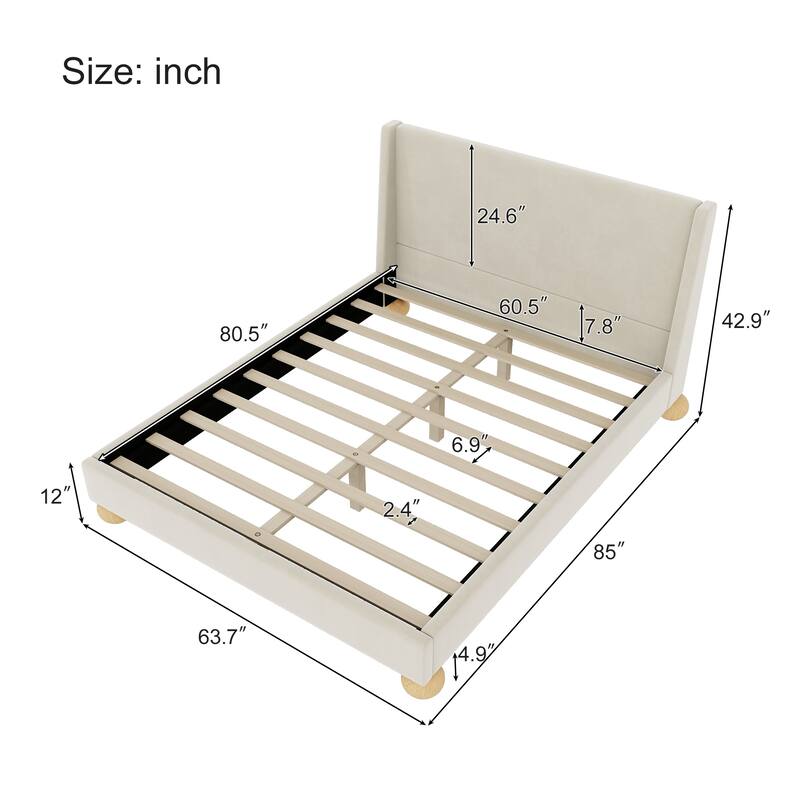 Velvet Frame Platform Bed - Upholstered Frame Wingback Bed with Wooden Legs, Wood Slats Support Bed for Bedroom