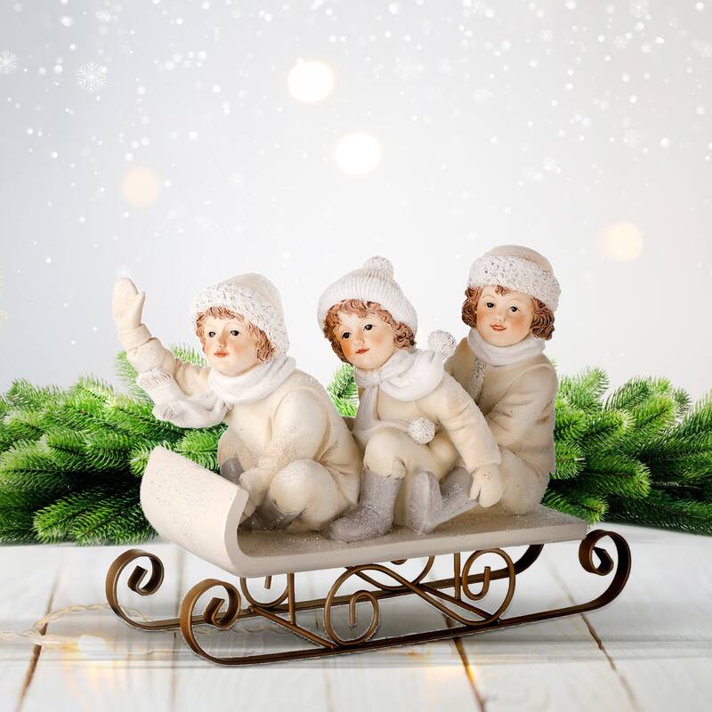 8" Resin Winter White Kids On Sled