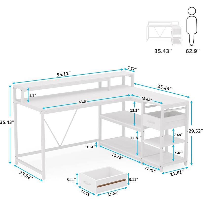 55-Inch L-Shaped Home Office Desk with Monitor Riser, Drawers, and Storage Shelves, Corner Computer Desk for Small Spaces