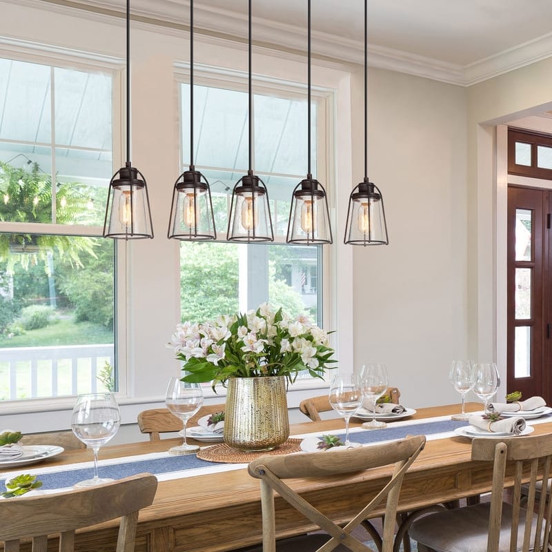 Vintia Farmhouse Rustic 5-light Modern Linear Chandelier Faux Wood LED Dimmable Glass Island Lights - L29" X W4.7" X H69" - L29" X W4.7" X H69"