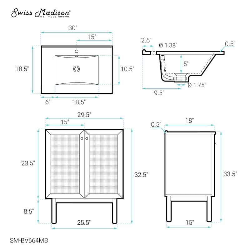 Swiss Madison SM-BV664MB Classe 30" Free Standing Single Basin Vanity