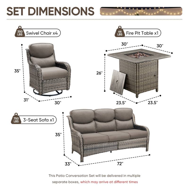 Pocassy Outdoor Propane Fire Table w/ Sofa Swivel Chair Ottoman Funiture Set.