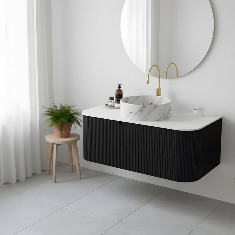 Floating Bathroom with Round Ceramic Basin and Storage Drawer