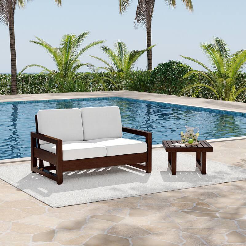 Teak Loveseat Patio Set with Cushions and Table (2-Piece)