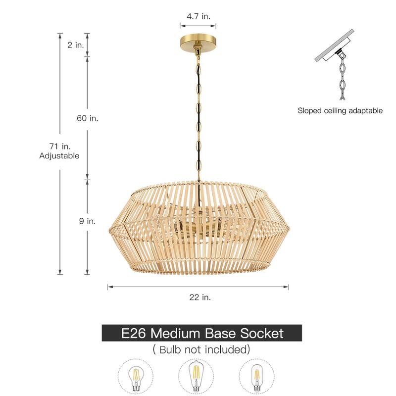 4 - Light Bohemian Bamboo Chandelier with Brass Canopy - 4-Light 22" W