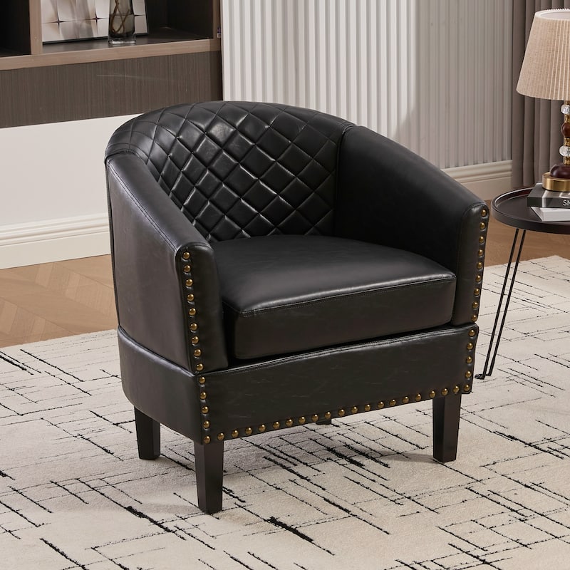 HOMEFUN Leather Upholstered Nailhead Wooden Frame Barrel Club Chair with Solid Woood Legs - Black-PU