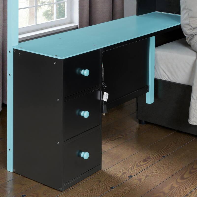 Full Size Gaming Loft Bed with Desk, LED Light, Storage Shelves and Drawers, Wood Loft Bed Frame for Teens Kids